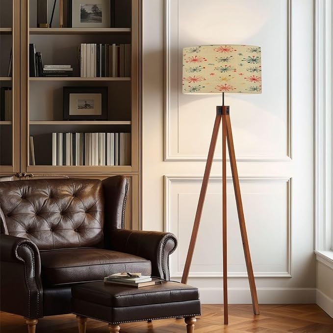 Wood Tripod Floor Lamp Seamless Mid Century Modern Retro Mid Century Standing Lamp Linen Shade Dimmable Modern Tall lamp Home Decor for Living Room Bedroom Office