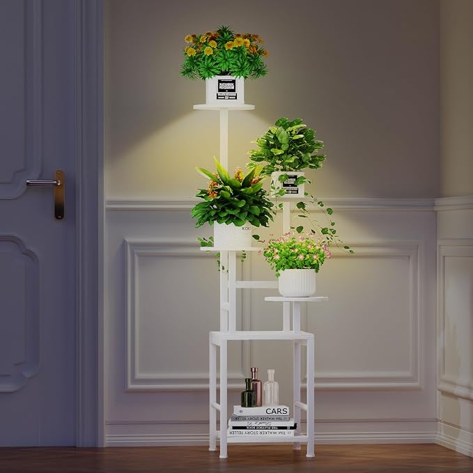 Homsorout Plant Stand Indoor with Grow Light, 5-Tiered Tall Plant Stand Indoor, Metal Plant Shelf with Adjustable Light, Ideal for Living Room, Garden, Round Patio white