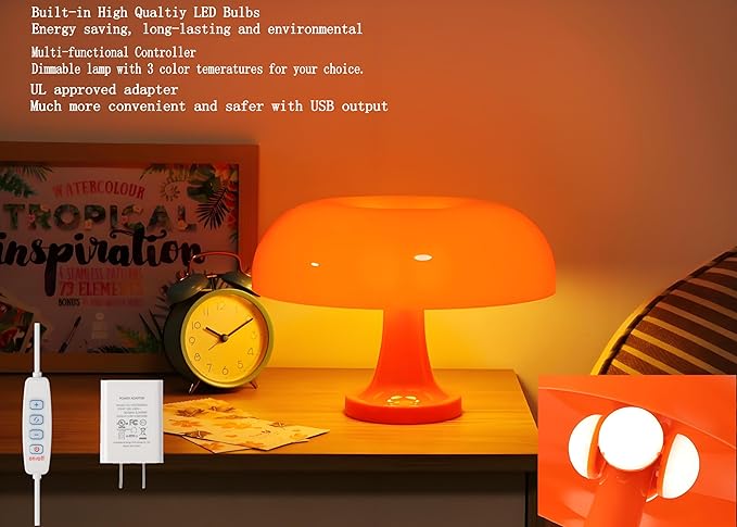 Orange Mushroom Lamp Dimmable Mushroom Table Lamp with 3 Lighting Modes Plug Donut 70s Retro Mid Century Lamp for Room Aesthetic Modern Lighting for Bedroom Living Room Home Decor & Gifts