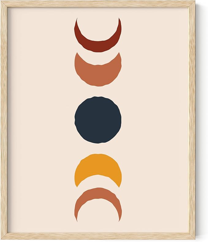HAUS AND HUES Moon Phases Wall Art - Colorful Moon Phases Print, Mid Century Modern Boho Decor, Celestial Moon Poster, Beige Frame 16x20