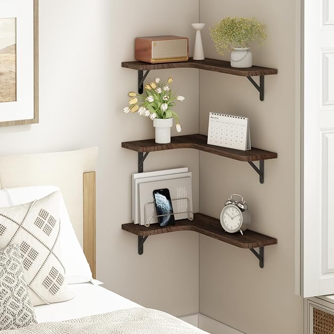 YGEOMER Corner Floating Shelves, Wall Mounted Corner Shelf for Bathroom, Kitchen, Bedroom, Home Decor, Laundry Room, Living Room(Set of 4 Dark Carbonized Black)