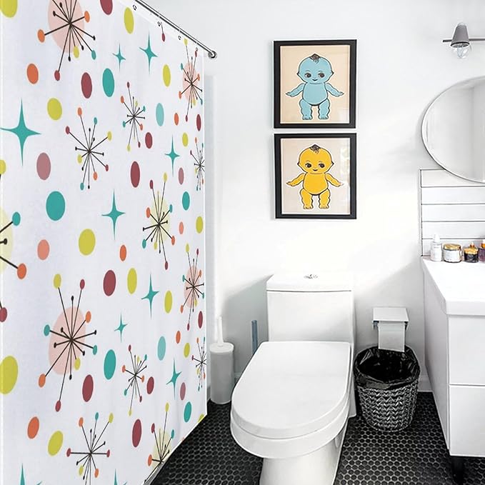 Mid Century Shower Curtain, Geometric Atomic Abstract Iconic Pattern 1950s 1960s Vintage Retro Style Art Pastel Waterproof Fabric Bathroom Shower Curtain Set with Hooks, 72"x78" Inch