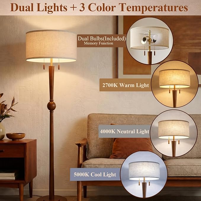 MOFFE 62.8" Solid Wood Floor Lamp,Tall Standing Floor Lamp with 2-Light Pull Chain, 17" Linen Drum Shade, Sculptural Wood Base & Stem,Transitional Floor Lamp for Living Room Bedroom, Includes 2 Bulbs