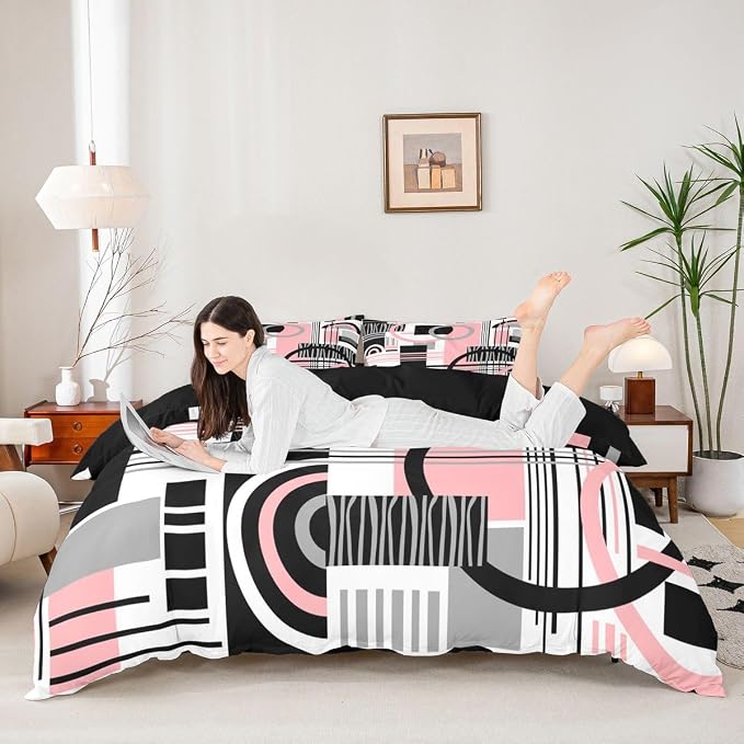 Erosebridal Art Deco Mid Century Duvet Cover Set Retro Modern Abstract Geometric King Bedding Set for Adult Men Black and White Pink Circles Stripes Comforter Cover Contemporary Bed Sets