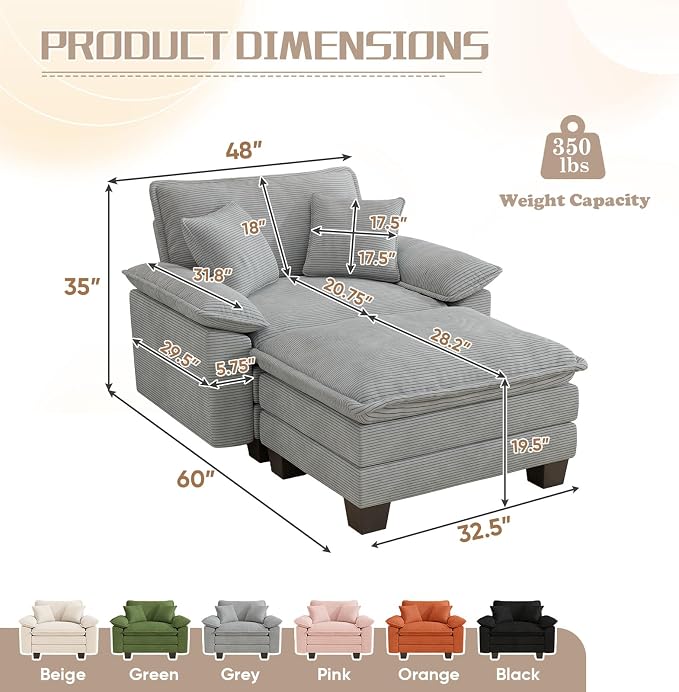 Chaise Lounge Chair Indoor, Oversized Accent Chairs with Ottoman, Luxury Corduroy Upholstered Deep Seat Sleeper Sofa Reading Chairs and A Half with Pillows for Living Room, Bedroom, Apartment, Grey