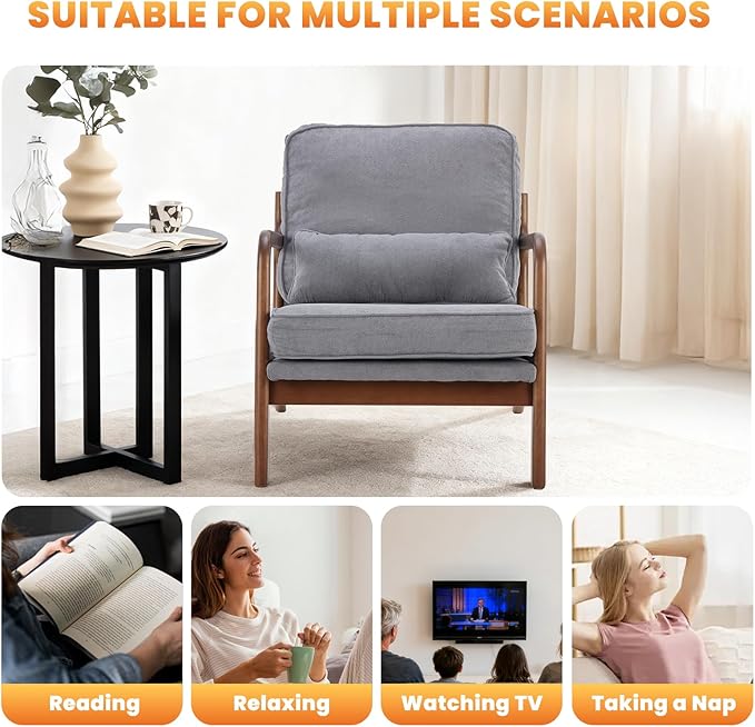 DUMOS Accent Chairs Set of 2,Mid Century Modern Chair with Arms and Waist Cushion, Reading Chairs for Adults, Lounge Chair for Living Room and Bedroom, Solid Wooden Frame,Classic Grey