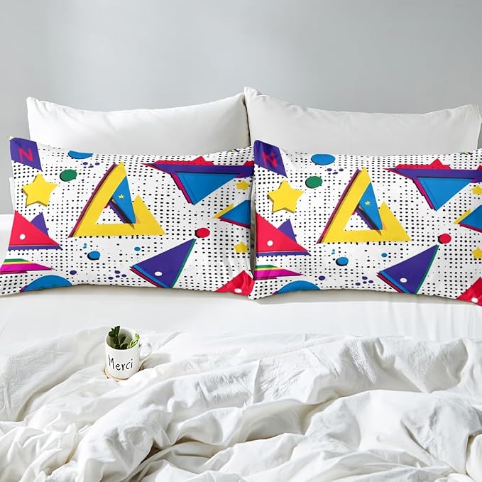 Memphis Style Duvet Cover Full Abstract Colorful Design with Dots Funky Bedding Set for Kids Child Girls Vintage Eighties Comforter Cover Memphis Fashion Bed Sets 80'S Style Retro 1980s Home Decor