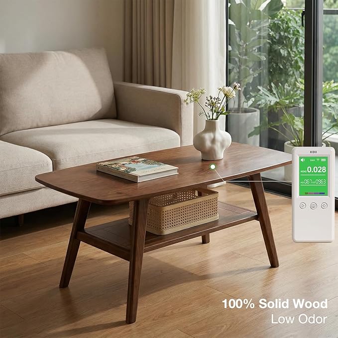 Mid Century Modern Coffee Table: 100% Solid Wood Coffee Table - 2-Tier Storage Design - Space Saving Small Coffee Tables for Living Room, Apartment (Walnut, 31.49")