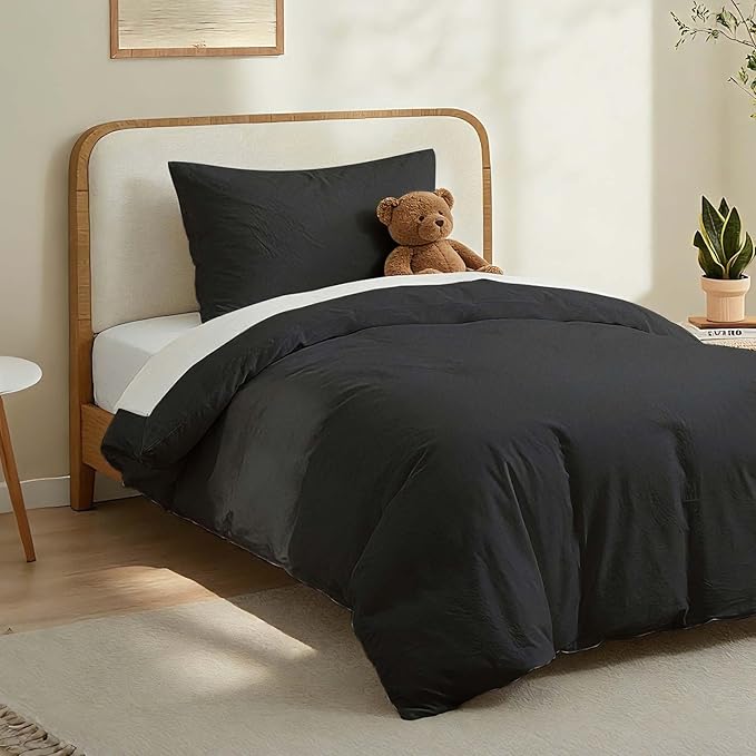 LOVQUE Black Duvet Cover Twin Size, 100% Washed Cotton Linen Like Bedding Set with Zipper Closure (No Comforter), 68x90 Inches