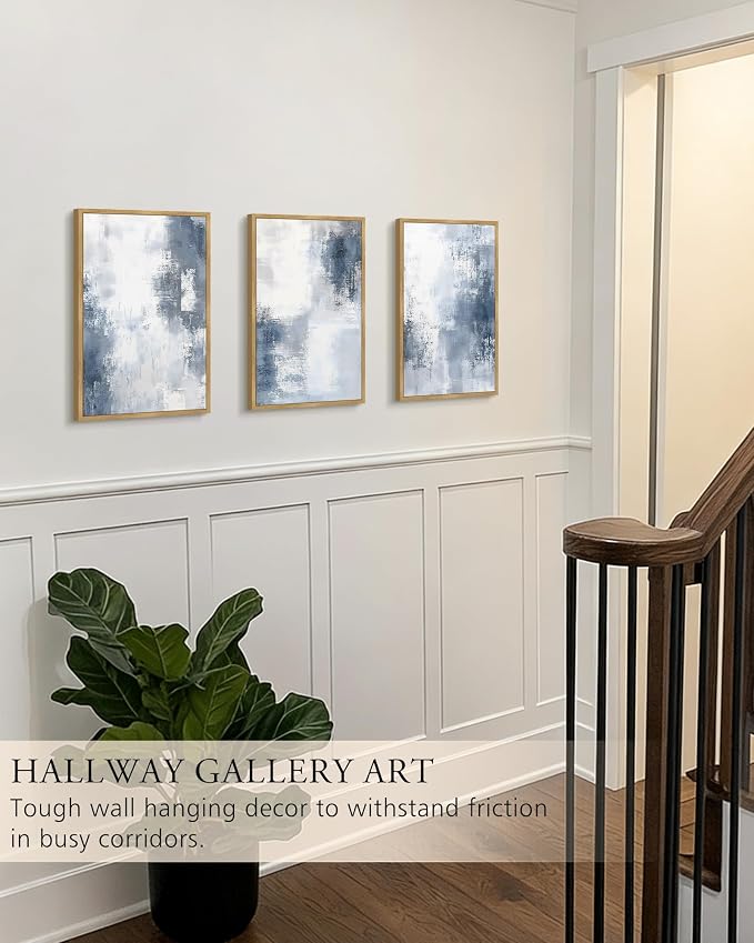 KUVIOKE Navy Blue and Gray Abstract Framed Canvas Wall Art Brush Strokes Block Shape Pastel Wall Decor Modern Minimalist Art Painting Home Decor 16x24in (Natural Framed)