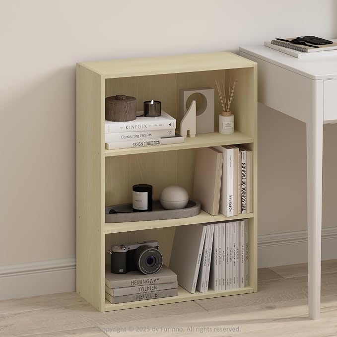 Furinno Simple Book Shelf, 3-Tier Bookshelf, Storage Shelves Bookcase, 9.7 x 23.7 x 31.5, for Living Room, Bedroom, Home Office, Steam Beech