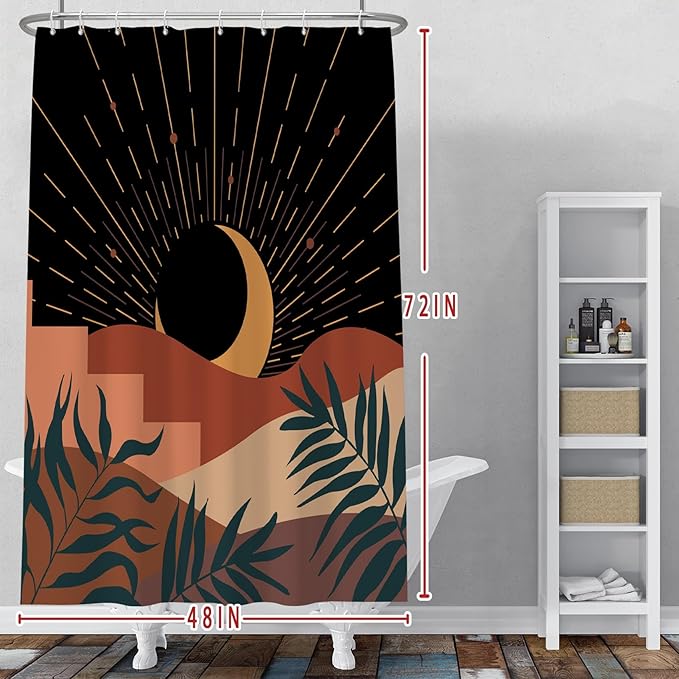 Baocicoo Boho Abstract Moon Shower Curtain Mid Century Sunset Mountain Shower Curtain for Bathroom Minimalist Aesthetic Bathroom Decorations Waterproof Curtain for Bath with Hooks 48x72 Inches