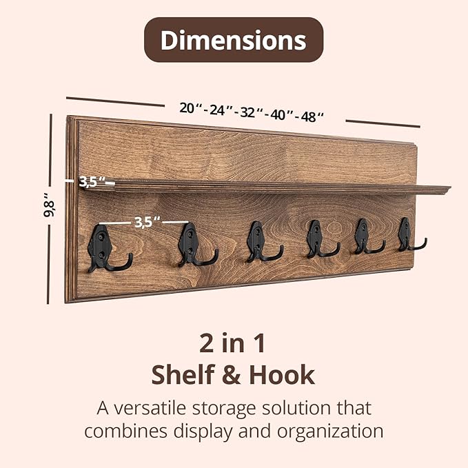 Rustic Wall Mounted Coat Rack with Shelf Wooden Entryway Organizer with 5 Metal Hooks for Coats Hats Towels Keys Floating Storage Shelf for Bathroom Bedroom (Walnut, 20 inch (4 Hooks))