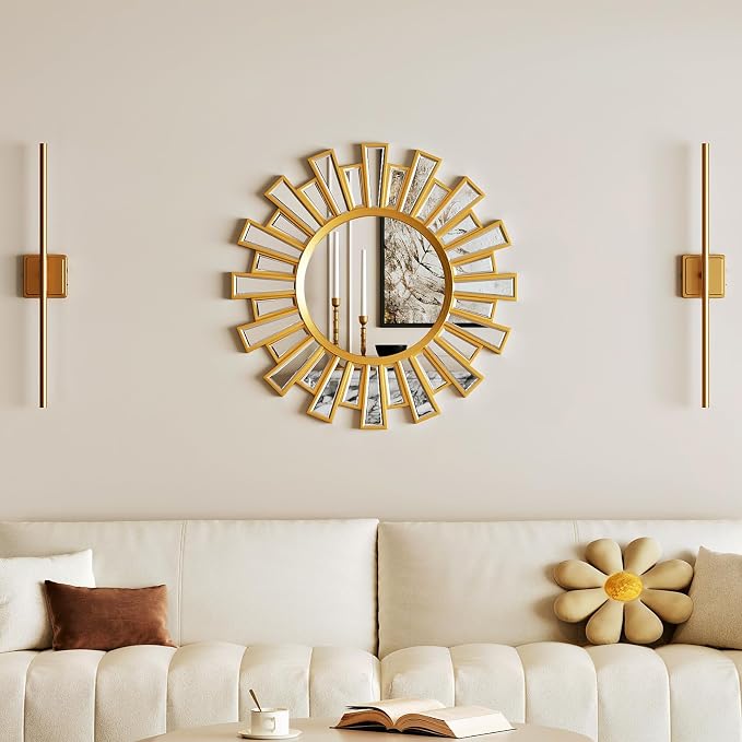 24"x24" Round Wall Decor Mirror, Gold Sunburst Mirror, Wall Art with Metal Frame for Entryway, Bathroom, Vanity, Living Room