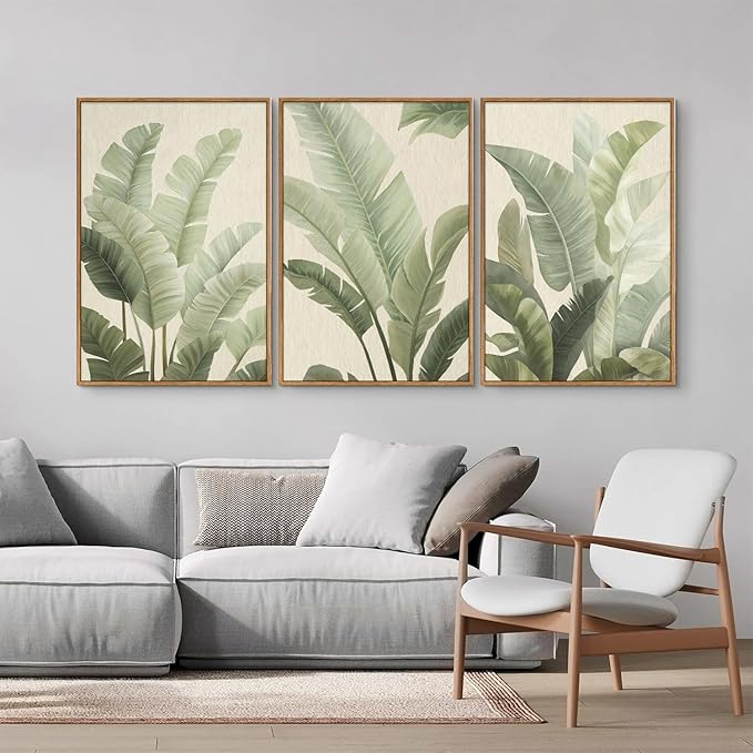 Rantodecor Sage Green Framed Canvas Wall Art, Minimalist Tropical Leaf Wall Decor, Boho Beige Nature Leaf Art Paintings, Bohemian Triple Panel Plant Artwork for Bedroom Living Room Office 16"x24"x3