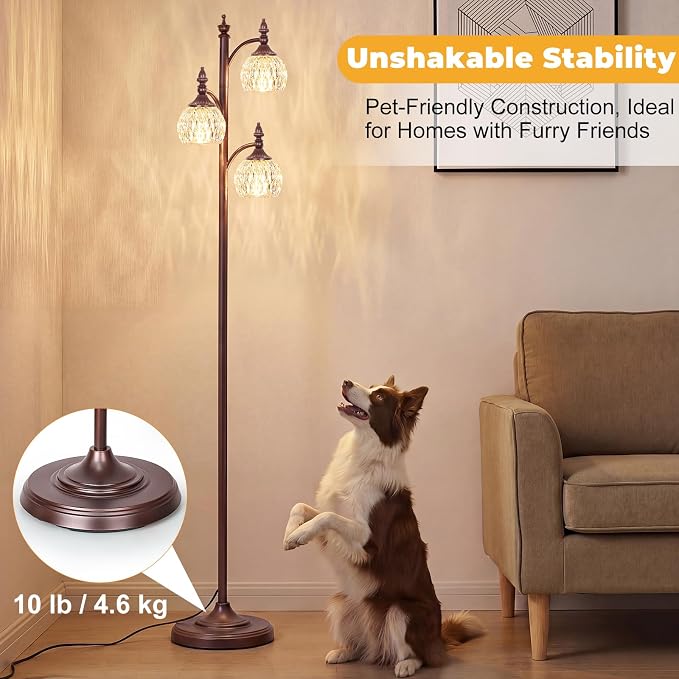 JUNNAI Brown Floor Lamps 66.5in Vintage Standing Lamp with Glass Shade 3 Way Brightness Lights Mid Century Modern Pole Lights Corner Lamp for Living Room Bedroom Office(Bulbs Included)