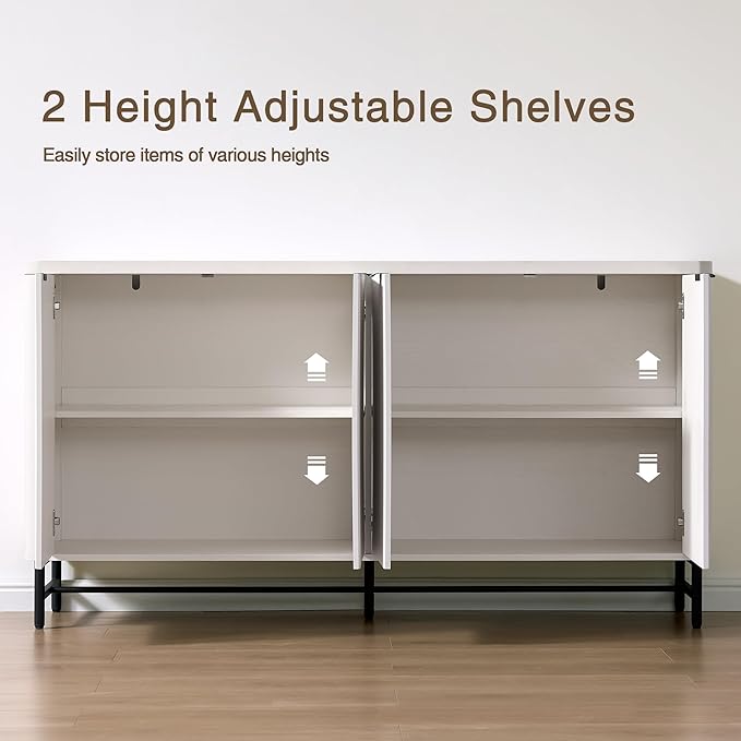 Large Sideboard Buffet Cabinet with Storage, 65" Modern Fluted Credenza Accent Coffee Bar Console Table with Doors & Adjustable Shelves for Dining Room, Living Room, Hallway(White)