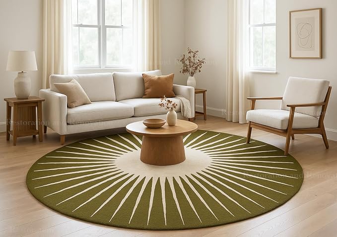 Restoration and Renovation Modern Round Area Rug – Hand-Tufted with 100% NZ Wool, Thick & Soft Circular Carpet for Living Room, Bedroom & Dining Room Decor (Moss Green, 3' Round)