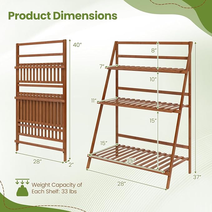 Giantex Folding Bamboo Plant Stand, 3-Tier Flower Pot Rack Display Shelf, Foldable Plants Holder Organizer Storage Shelving for Patio Garden Balcony Home Indoor Outdoor (Brown)