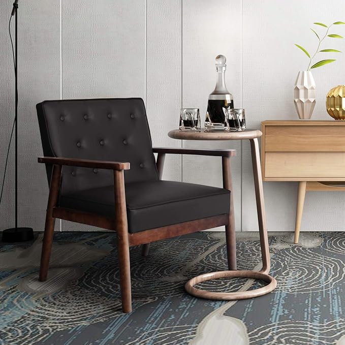 JIASTING Mid-Century Retro Modern Solid Wood Armrest Accent Chair, Faux Leather Tufted Back Upholstered Lounge Chairs, Living Room Furniture (Black 8325)