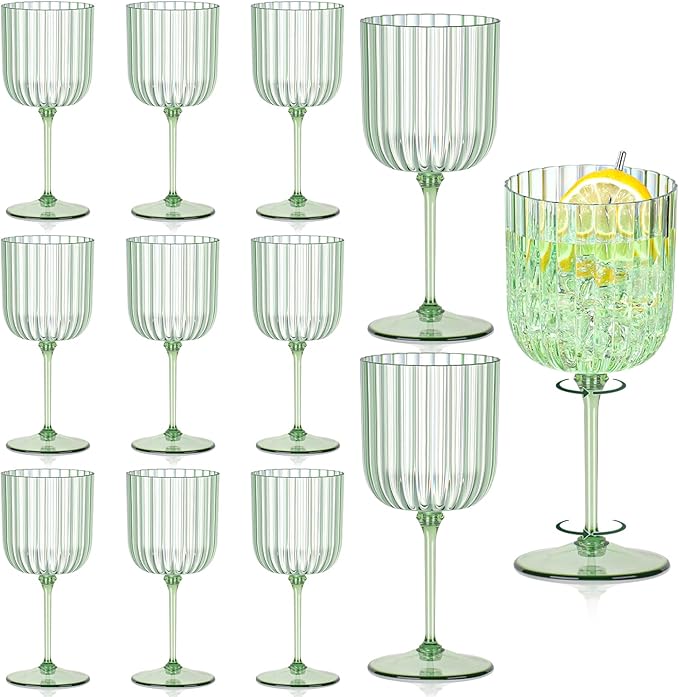 12 PCS Plastic Ribbed Wine Glasses 11oz Green Detachable Wine Goblet Unbreakable Vintage Ripple Water Goblets Cocktail Drinking Cups for Parties Weddings Poolside Outdoors