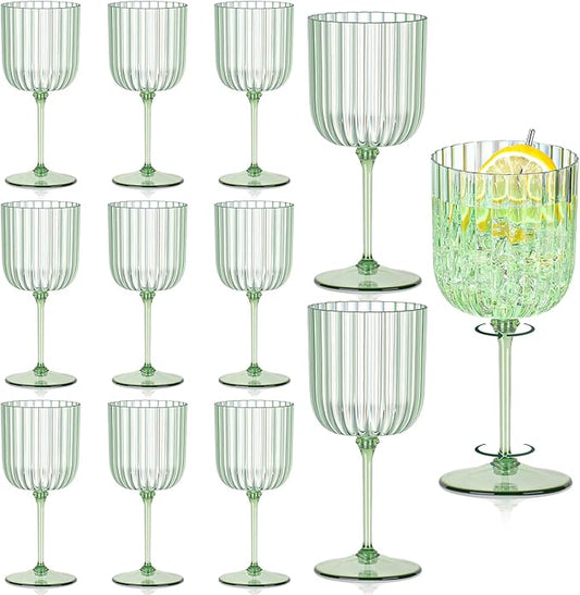 12 PCS Plastic Ribbed Wine Glasses 11oz Green Detachable Wine Goblet Unbreakable Vintage Ripple Water Goblets Cocktail Drinking Cups for Parties Weddings Poolside Outdoors