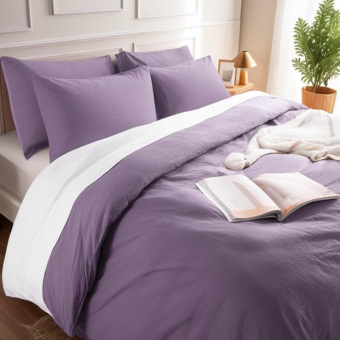 NEXHOME PRO Queen Duvet Cover Set, 100% Washed Cotton with Linen-Like Texture, Natural Organic, Breathable & Comfortable, Includes Home Bedding Set Dusty Purple (No Comforter) 9090
