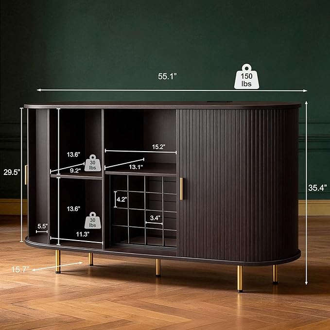 DHH 55" Wine Bar Cabinet with Storage, Fluted Liquor & Coffee Bar Cabinet with Wine Rack and Glass Holder, Buffet Sideboard with LED Lights for Home Kitchen Living Dining Room (Dark Walnut)