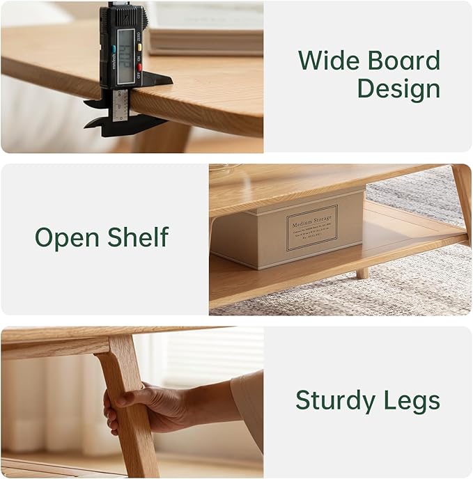 100% Solid Oak Wood Coffee Table for Living Room, Small Table with Shelf Storage, Mid Century Modern Coffee Tables with Rounded Corners for Home (Natural, 31.49" x 19.68" x 17.32")
