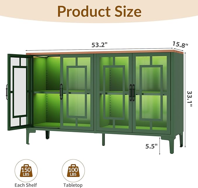 53" Glass Sideboard Buffet Cabinet with COB Lights, Adjustable Shelves, Modern Metal-Wood Buffet Table with Storage, Lighted Coffee Bar Display Cabinet for Dining Room Kitchen, Green