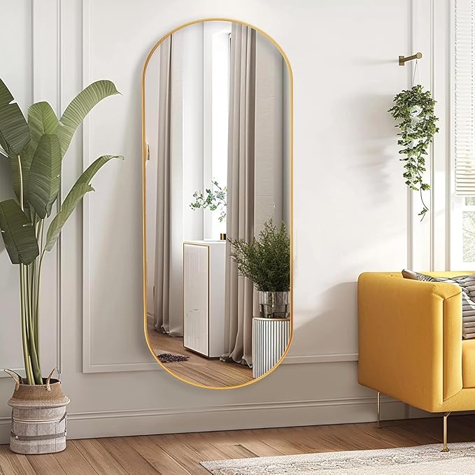 Arched Full Length Floor Mirror, Oval Full Floor Mirror, Large Wall Mounted Arched-Top Body for Living Room, Bedroom, Bathroom, Entryway, Dressing Room (Gold, 64 * 21)