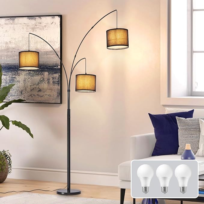 DLLT Modern Floor Lamp for Room: 3-Light Black Tree Dimmable Floor Lamps with Black Shades for Living Room - Arc Standing Lamp for Bedroom - Tall Floor Lamp for Office Corner 3 LED Bulbs Included