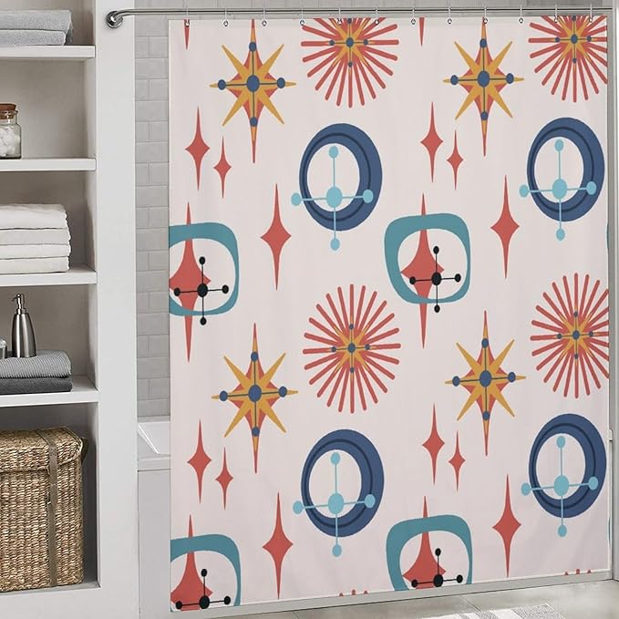 Retro 50s Shower Curtain Mid Century Modern Geometric Stars Colors Pattern Duty Fabric Shower Curtains Set Bathroom Polyester Waterproof with 12 Hooks,72x72Inch（183x183cm）