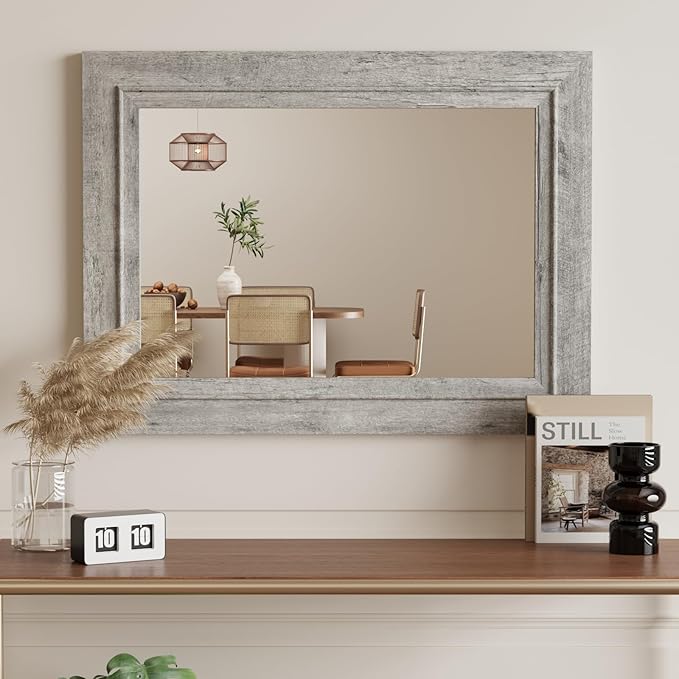Rustic Wall-Mounted Vanity Mirror, Solid Wood Frame Bathroom Mirror, Farmhouse Style for Living Room, Bedroom, Entryway, Horizontal/Vertical Hanging