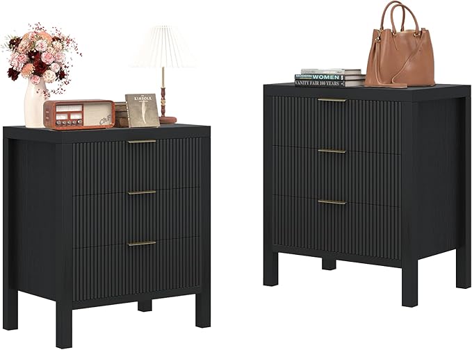 Nightstand Set of 2, Dresser and Nightstand Sets, Bedside Tables, Mid Century Nightstands with 6 Wide Drawers for Bedroom, Kids’ Room, Hallway, (Black X 2)