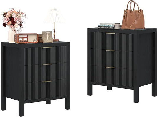 Nightstand Set of 2, Dresser and Nightstand Sets, Bedside Tables, Mid Century Nightstands with 6 Wide Drawers for Bedroom, Kids’ Room, Hallway, (Black X 2)