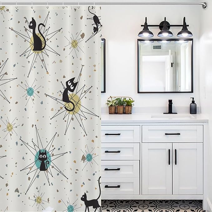 Vintage Mid Century Cats Shower Curtain Black Cat Retro Diamond Atomic 1950s 1960s Abstract Geometric Simple Waterproof Shower Curtains for Bathroom Decor 12 Pack Hooks 55x72in（140x183cm