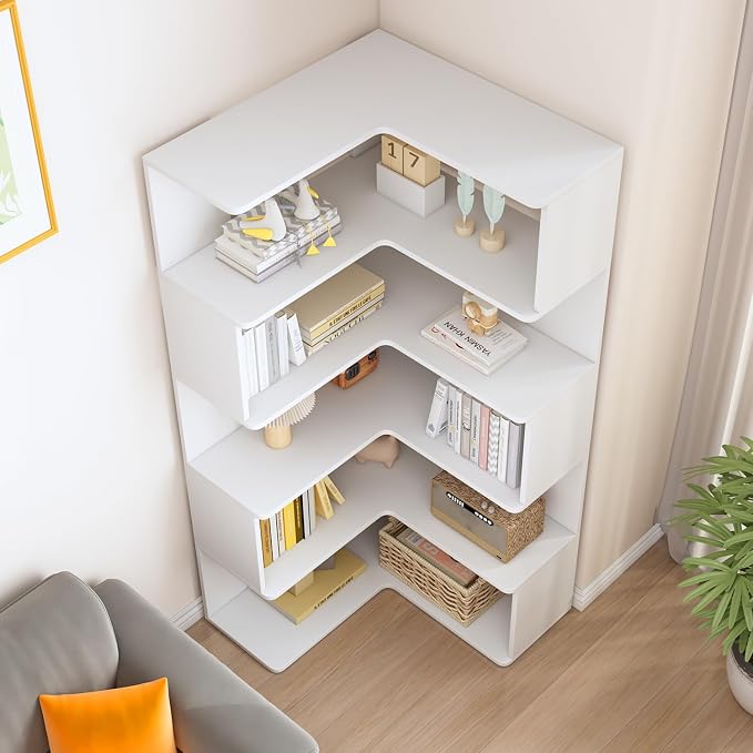 IOTXY 6-Tier L-Shaped Corner Bookshelf - 66" Tall Wooden Freestanding Bookcase with Open Shelf Units, White