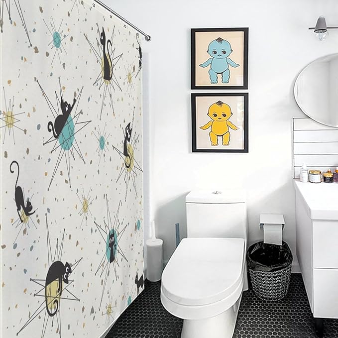 Vintage Mid Century Cats Shower Curtain Black Cat Retro Diamond Atomic 1950s 1960s Abstract Geometric Simple Waterproof Shower Curtains for Bathroom Decor 12 Pack Hooks 55x72in（140x183cm
