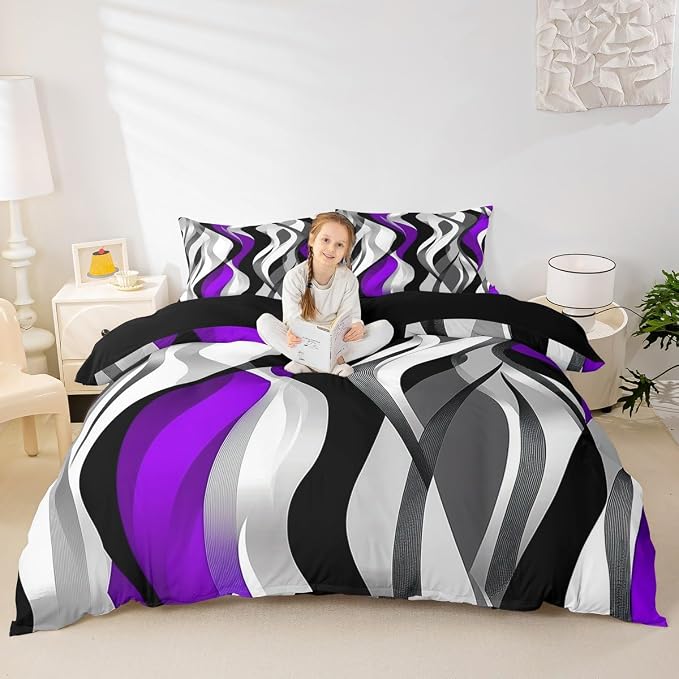 Purple Black Stripes Duvet Cover Set Toddler Size,Minimalist Geometric Striped Waves Bedding Set,Boys Girls Room Decor,Modern Abstract Simple Comforter Cover,Chic Quilt Cover,1 Pillowcase(No Filler)