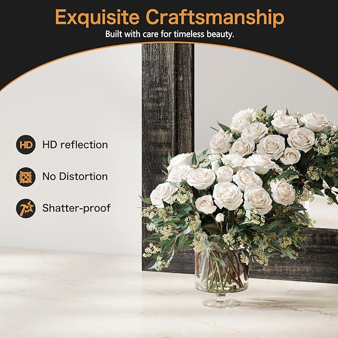 Rustic Wall-Mounted Vanity Mirror, Solid Wood Frame Bathroom Mirror, Farmhouse Style for Living Room, Bedroom, Entryway, Horizontal/Vertical Hanging