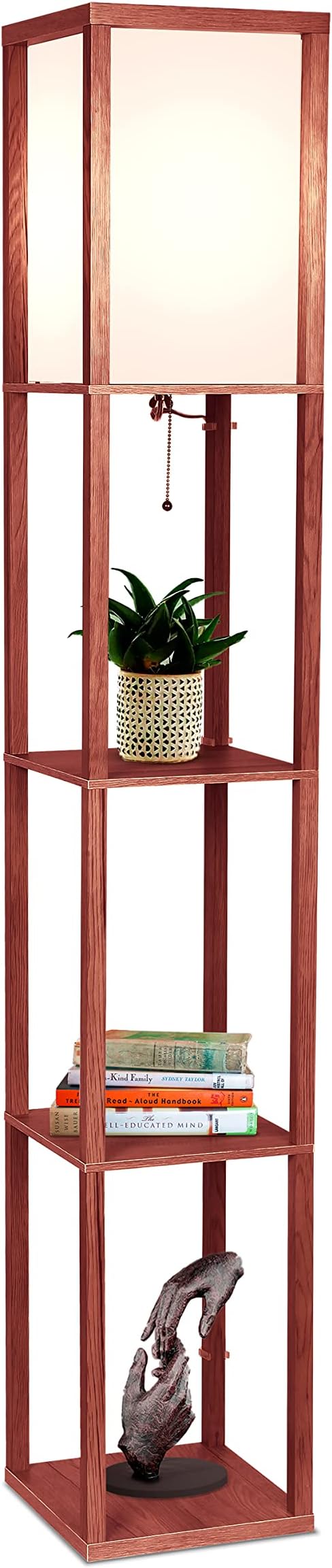 Brightech Maxwell - Modern Shelf Floor Lamp with Lamp Shade & Warm White LED Bulb, Corner Display Floor Lamp with Shelves for Living Room, Bedroom, Nightstand Office, Home Decor Storage - Walnut Brown