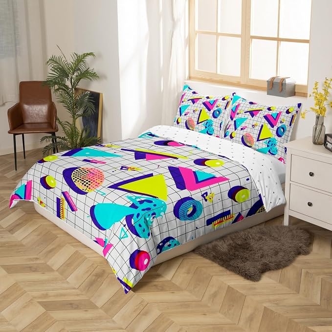 Memphis Geometric Pattern Comforter Cover Set King Size,Retro Style Round Half Moon Triangle Shapes Artwork Duvet Cover Colorful Graphic 80s 90S Style Bedding Set Abstract 1990S Memphis Home Decor