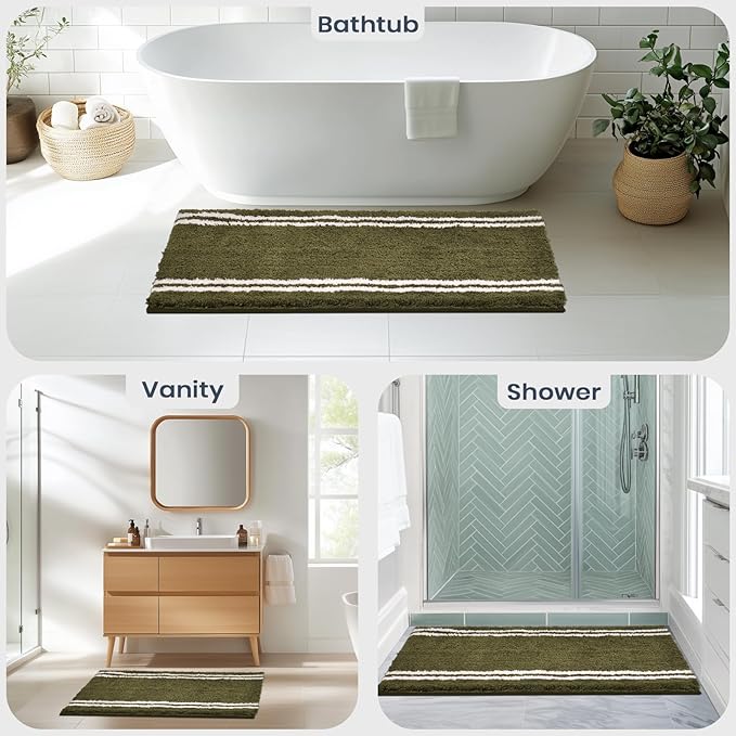 PURRUGS Bathroom Rug Non-Slip Machine Washable 24" x 60", Super Absorbent and Quick Dry Shaggy Microfiber Bath Mat, Extra Soft and Plush Bath Rug for Bathtub, Shower, and Sink, Olive Green