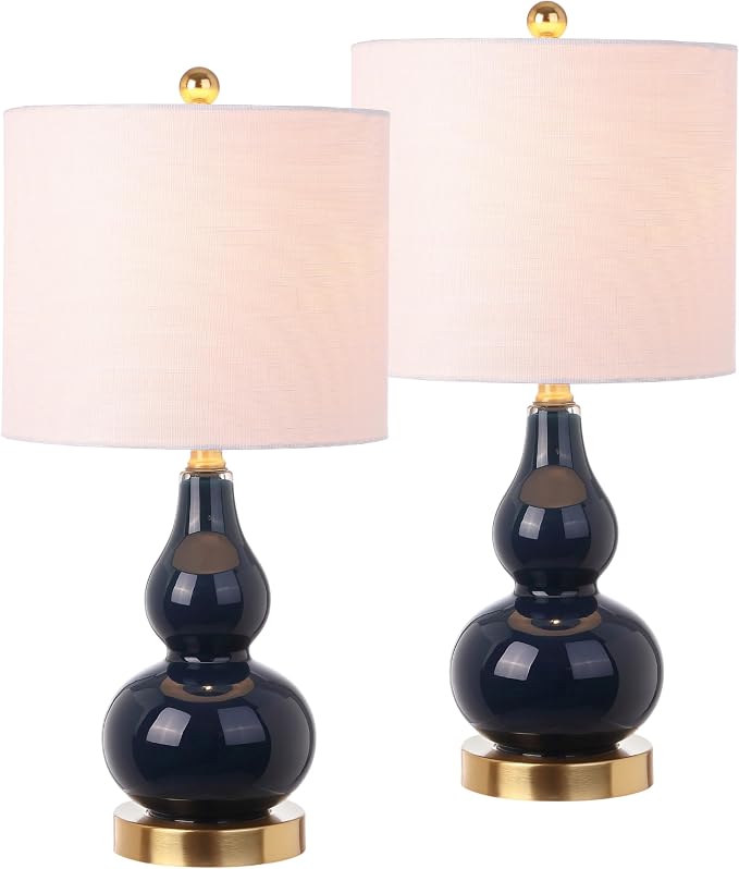 JONATHAN Y 20.5" Navy Glass Table Lamp, Modern Gourd Bedside Nightstand Lamp for Bedroom, Living Room, White Linen Shade, LED Bulb Included (JYL1028F-SET2)