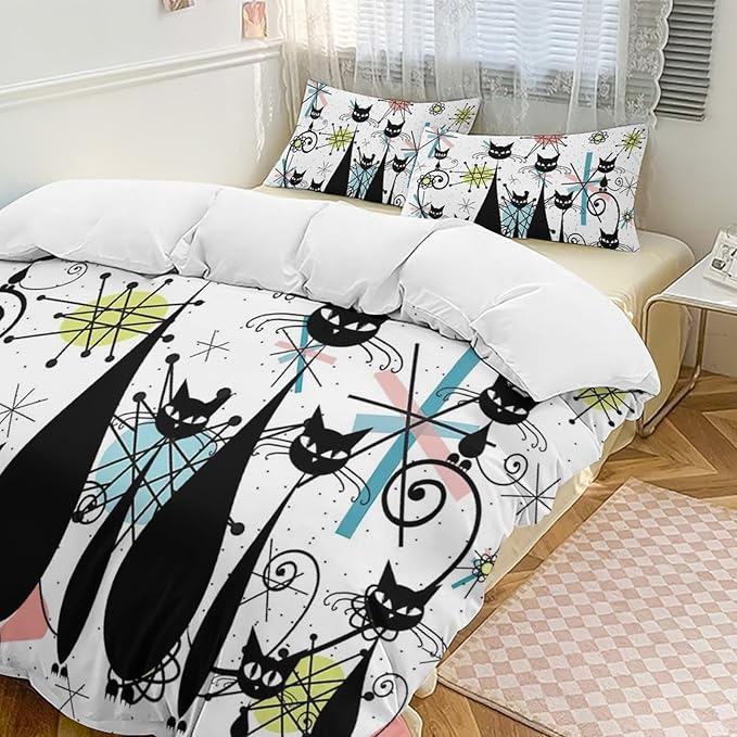 Mid Century Duvet Cover Sets Vintage Black Cat Modern Style Printed Lightweight Soft Quilt Cover Abstract Geometric Minimalist Soft Microfiber 3 Piece (1 Duvet Cover 90x90in + 2 Pillow Sham 20x30in)
