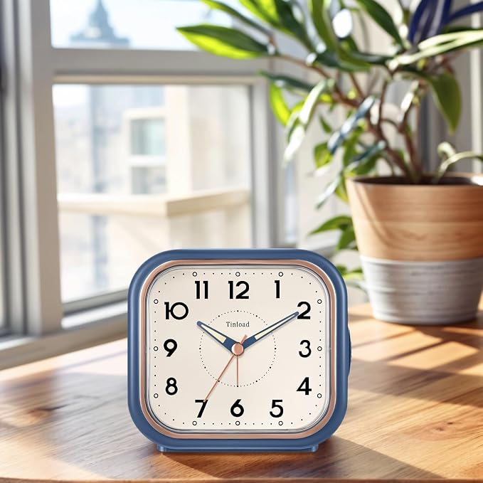 Tinload 4.3" Vintage Retro Analog Alarm Clock, Super Silent Non Ticking Clock with Manual Light, Snooze, Battery Operated, Simply Design, for Living Room, Bedroom, Bedside, Desk(Blue)