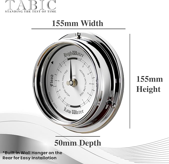 Traditional Tide Clock: Heavy Brass, Chromium-Plated (0.5 kg), Nautical Elegance, Handmade in England—Perfect for Fishing Tides, Durable Design