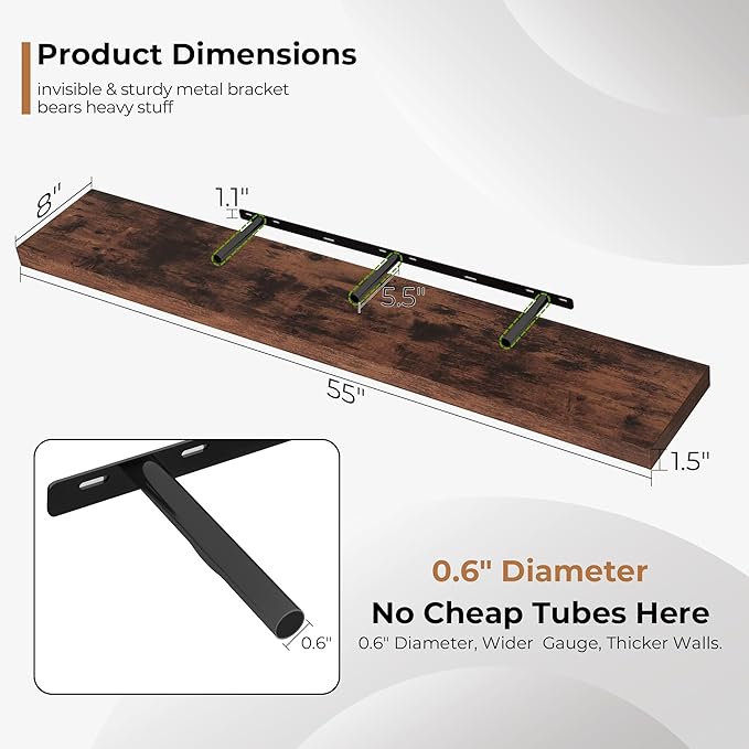 Fun Memories 55 Inch Floating Shelves for Wall, Fireplace Mantel Shelf with Invisible Heavy Duty Bracket, 8 Inch Deep Storage Shelf for Living Room, Kitchen, Farmhouse, Brown