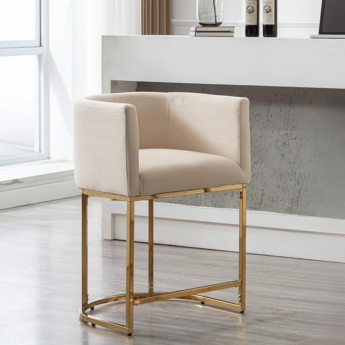 Contemporary Cream Linen Bar Stool, 24" Upholstered Fabric Counter Height Barstool Kitchen Counter Island Stool with Golden Metal Base, Cream